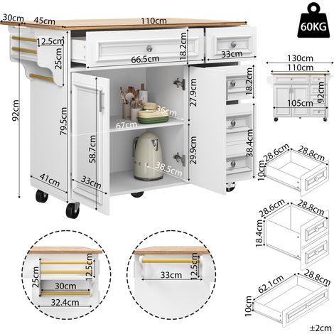 Îlot de cuisine blanc moderne, 110×45-75×92 cm, desserte amovible avec décor vintage, meuble multifonction qui fait office de buffet et table à manger avec espace de rangement. (1/5)