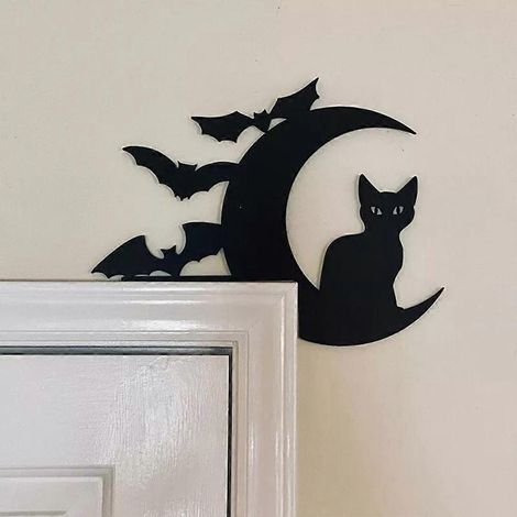 Décoration de porte en métal adorable avec un chat (2024) : Cadre décoratif d'angle pour porte d'Halloween - Couleur : Chat lunaire (1/4)