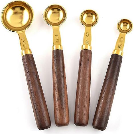 Cuillères à mesurer en or, manche en bois, ensemble de cuillères à mesurer, cuillère à café, balance de cuisine, outil de cuisson (1/4)