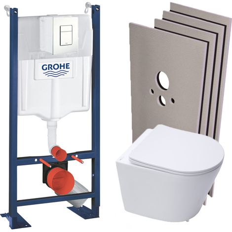 Grohe – Pack WC bâti-support autoportant – Cuvette suspendue sans bride – Abattant frein de chute – Plaque de commande blanche – Set habillage