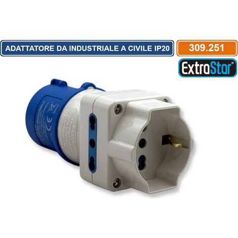 ADATTATORE INDUSTRIALE MONOFASE MULTIPRESA SPINA CEE INDUSTRIALE 16A 2P+T PRESA CENTRALE SCHUKO+10/16A 2P+T E 2 PRESE LATERALI 10/16A 2P+T IP20 (1/3)