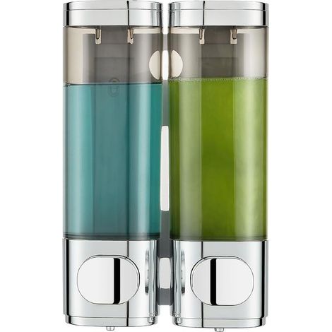 Distributeur mural de shampoing et après-shampoing double compartiment, sans perçage, finition chromée, fixation adhésive (1/5)