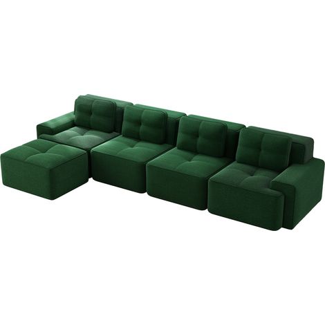 Divano modulare a L in velluto a coste verde, 4 posti, senza montaggio, con chaise longue (1/5)