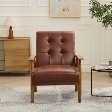Poltrona in vera pelle marrone con braccioli effetto noce e gambe in legno DESVIAE (1/5)