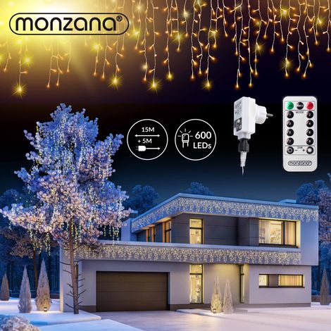 Monzana Cadena de luces LED Carámbanos color Blanco cálido frío iluminación interior exterior decoración de navidad guirnalda 600 LED blanco cálido con telemando