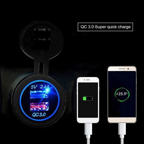 Chargeur de voiture étanche à double port USB pour téléphone portable et tablette, charge rapide et sécurisée QC 3.0, bleu, DC 12-24 V (1/5)