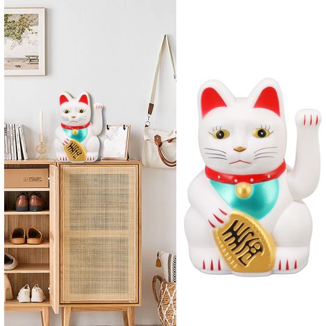 Figura de gato de la suerte blanco con brazo automático – Gato de la suerte de 9,8 cm de altura, hecho de plástico – Decoración para oficina y hogar. (1/5)