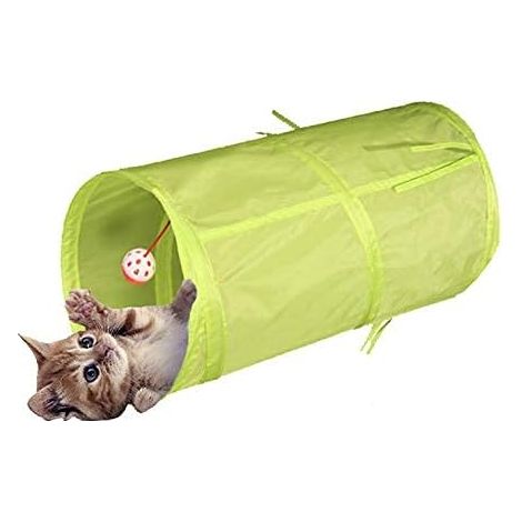 Tunnels Interactif, pliable et léger en tissu Froissé avec pompon et cloches pour chats, petits lapins, chatons, chiots, furets ou cochons d’Inde-vert