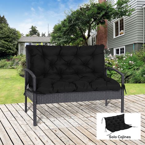 Cojín para Banco con Respaldo 100x98x8 cm de 2 Plazas con Cordones de Fijación para Jardín Terraza Balcón Exterior Negro (1/5)