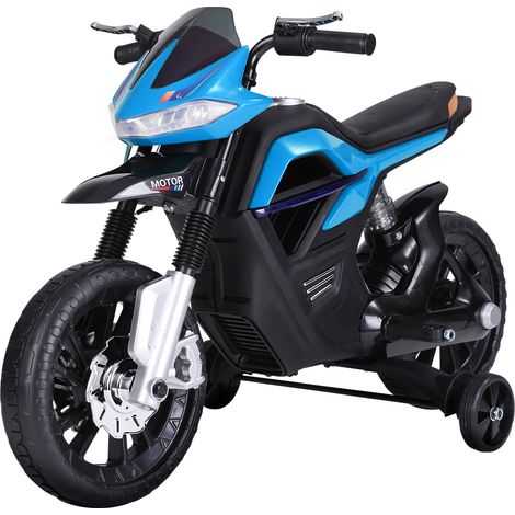Moto électrique enfant 3-6 ans 25W 6V 3km/h effets lumineux et sonores roulettes amovibles charge 30kg Bleu (1/5)
