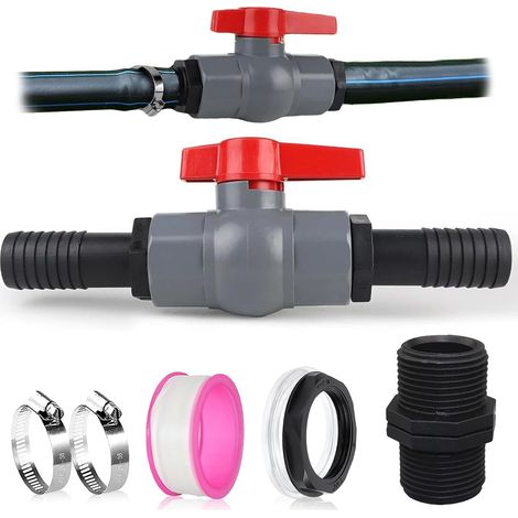 Robinet à Bille avec Raccord de Tuyau Vanne à Bille, Vanne D'arrêT Filetage IntéRieur 1 1/4"(32mm), 2 Douilles De Tuyau 32mm, Robinet à Bille en PVC, Vanne D'arrêt de Piscine Comprenant (1/5)