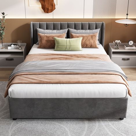 Lit 2 places 140x200 gris velours avec sommier, tête de lit et 2 tiroirs de rangement