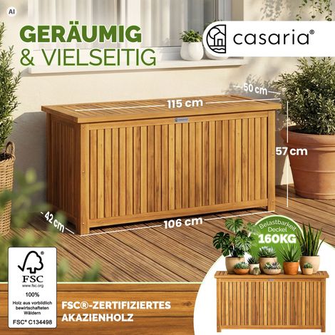 CASARIA® Gartenbox Holz Akazie 205L Deckel 160kg Belastbarkeit Wetterfest Auflagenbox Aufbewahrungsbox Garten Balkon Wintergarten Sitztruhe 115x50cm