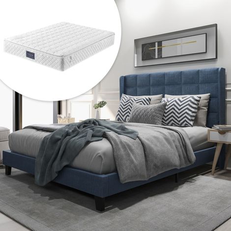 MEUBLIV Lit double rembourré avec matelas à ressorts ensachés tête de lit haute sommier à lattes tissu en lin bleu 140 x 200 cm (1/4)