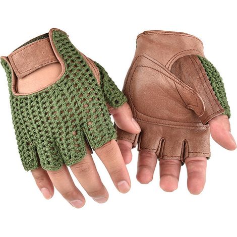 Gants de fitness sans doigts en maille verte et cuir marron, respirants et anti-dérapants, pour musculation et haltérophilie