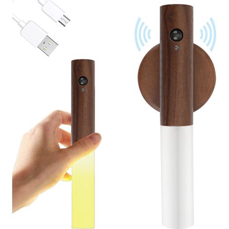 Applique Murale en Bois avec Détecteur de Mouvement, Veilleuse Intérieure Sans Fil Rechargeable, Lumière Murale Magnétique à Batterie avec Interrupteur pour Chambre, Couloir, Escalier (Noyer, 1 Pièce)
