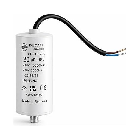 Condensateur moteur monophasé 425V / 450V / 475V – Condensateur permanent avec câble – pompe piscine, nettoyeur haute pression, porte de garage et portail, compresseur 20μF / 20uF (1/4)