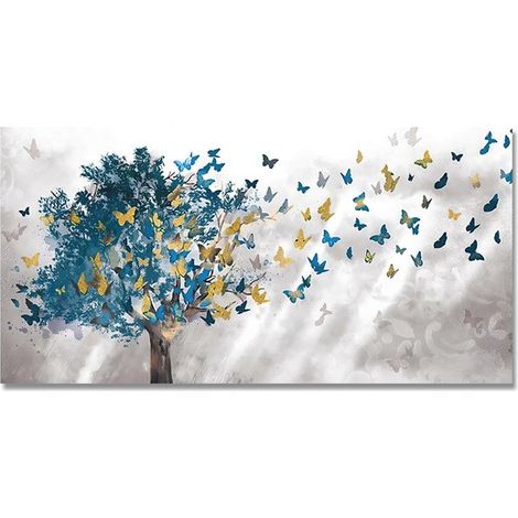 Tableau abstrait sur toile représentant un papillon doré et un arbre bleu, 60 x 120 cm, décoration murale pour le salon (1/5)
