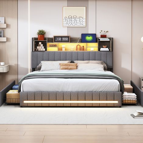 Lit 2 Places 160x200cm, Lit Rembourré 160x200 avec LED et USB, Tete de Lit avec Rangement, Lit 2 Personnes avec 4 Tiroirs Coulissants, Lit pour Adolescent avec Sommier à Lattes, Lin, Gris (1/5)