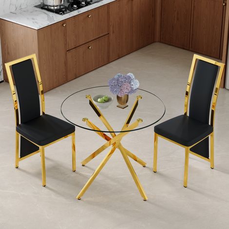 Ensemble table et chaises salle à manger : table en verre trempé 88 cm, cadre métal doré croix, 2 chaises PU noir avec finition dorée (1/4)