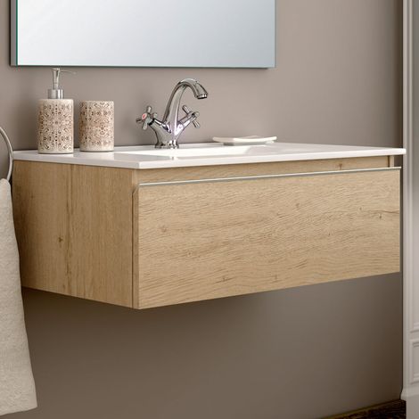 Meuble sous vasque seul, 1 tiroir, 80cm, pour simple vasque - bambou (chêne clair) - PENA