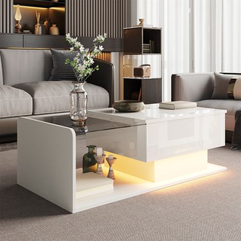 Table basse blanche brillant, table d'appoint avec effet LED et plateau en verre, meuble salon lumineux (1/5)