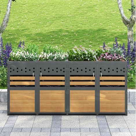 Armario para cubos de basura de metal galvanizado gris antracita y natural, 4 cubos 120-240 L, techo jardinera (1/5)