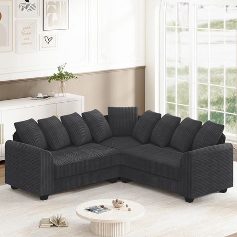 Canapé d'angle modulable Gris en Velours Côtelé - Confort nuage,avec 9 Coussins - Structure bois massif - Neche - 202 x 202 x 74cm