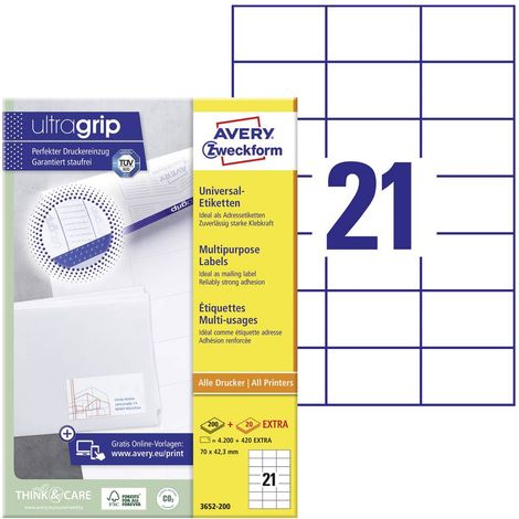 Avery-Zweckform 3652-200 Etichetta universale 70 x 42.3 mm Carta Bianco 4620 pz. A tenuta permanente Stampante a getto (1/5)