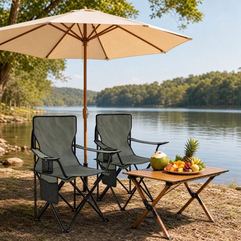 Lot 2 chaises camping 47x76x80,5 cm métal gris porte-gobelet pliantes transport facile – MEUBLIV (1/5)