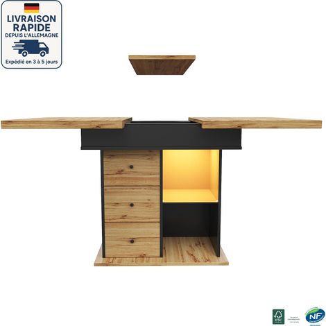 MODFU - Table à manger extensible pour 4-6 personnes 110-140×80cm avec rangement, table de cuisine et de salon, MDF, 2 tiroirs 1 étagère, naturel+noir (1/5)