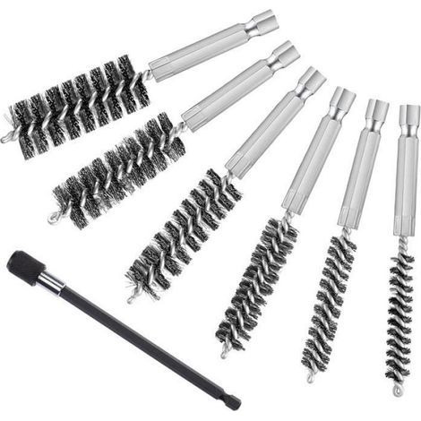 Brosse Cylindrique Pour Perceuse - Tige Hexagonale - Acier Inoxydable - Pour Nettoyage De Trou Et Zone Étroite - 6 Pièces Avec Manche D'Extension (1/4)