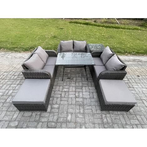 Fimous Salon de jardin exterieur 8 places avec Canapé d'amour Table à manger rectangulaire 2 Grand tabourets Table d'appoint Gris foncé mixte (1/5)