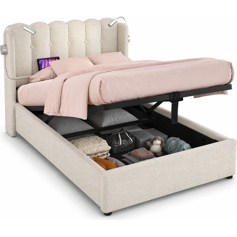 Lit 90x200 avec rangement, lampe de lecture LED et USB, cadre en fer, sommier à lattes en bois, style tissu gris, CHICFURN (1/5)