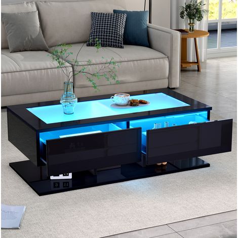 Couchtisch Schwarz Hochglanz mit gehärteter Glasplatte und LED, 100 x 50 cm, 2 Schubladen (1/5)