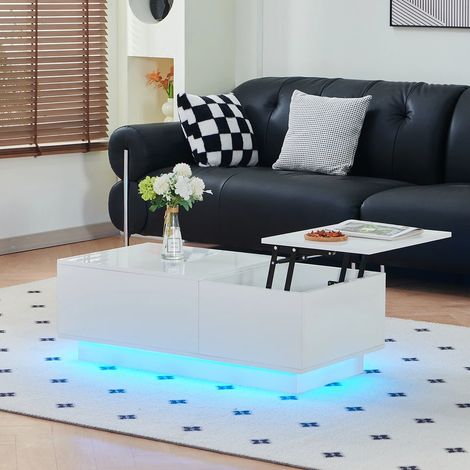 AINPECCA LED White High Gloss Coffee Table w/Lift Top for Living Room Modern Side End Table (1/5)