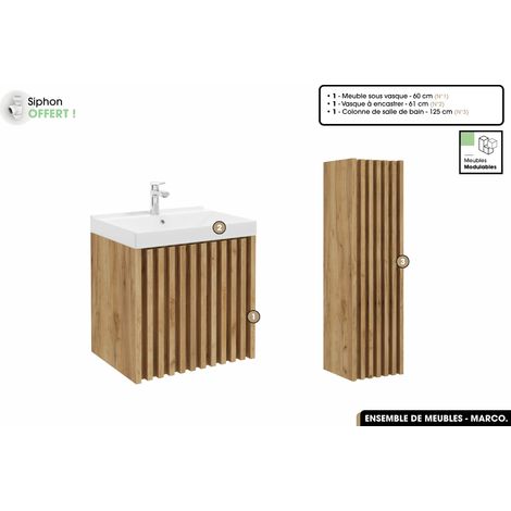 Ensemble complet de salle de bain - Meuble - Colonne - Vasque à encastrer avec Siphon OFFERT MARCO Oak 60 x 56 x 45 cm (1/4)