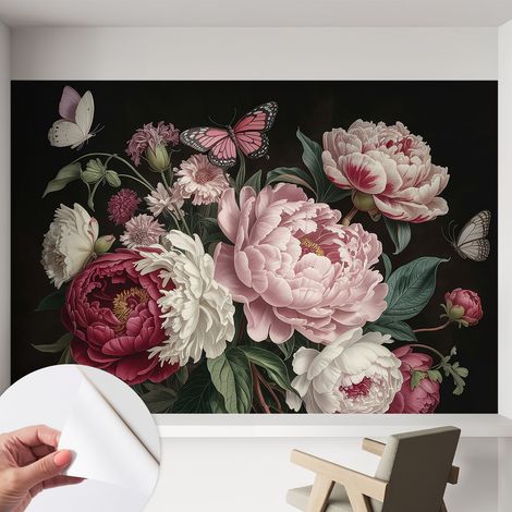 Papier peint adhésif décoratif pour salon chambre et cuisine Facile à poser avec colle Pivoines et papillons 152x104 cm (1/5)
