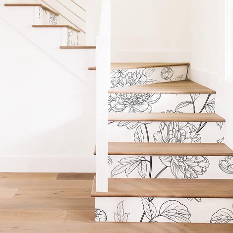Contremarche escalier Autocollant Stickers carrelage imperméable Motif Auto-Adheisve contre marche pour escalier Amovible Peler et coller (Pivoine de croquis, 100cmX18cm-15Pcs) (1/5)