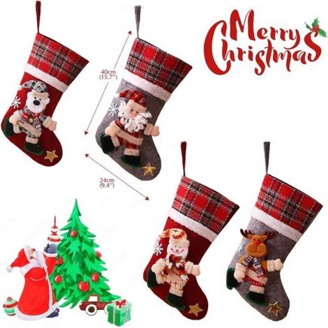 Ensemble de 4 grandes bottes de Père Noël à remplir, chaussettes de Noël, sacs cadeaux, décorations de sapin avec Père Noël, bonhomme de neige, renne et ours. (1/5)