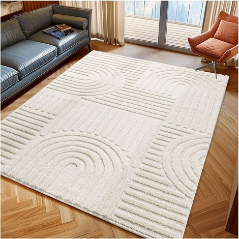 Tapis scandinave effet 3D graphique crème 60x110 cm – Hauteur de velours 8 mm – Dossier en jute – Anti-absorbant et antisalissure – Allotapis (1/5)