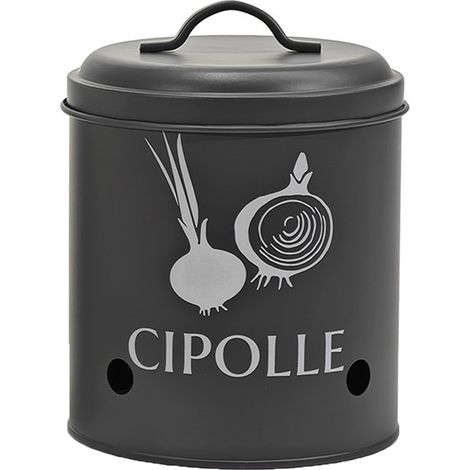 Barattolo in Latta Porta Cipolle grigio Contenitore Salva Freschezza Forato con Coperchio e Manico, Conteonitore Cucina Vintage in Metallo, Diametro 14cm Altezza 19cm per Conservazione Verdure (1/5)