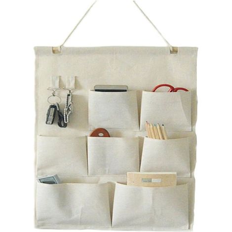 Sac de rangement suspendu pour porte de placard en tissu lin/coton avec crochets (sept poches)