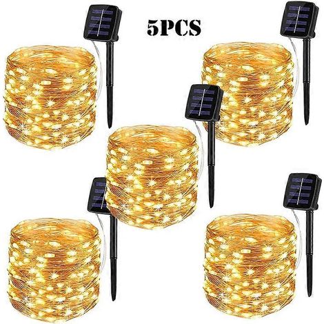 Guirlande lumineuse solaire LED étanche pour jardin extérieur lampe féérique 7 m/12 m/22 m/32 m - 12 m 100 LED 5 pièces blanc chaud (1/5)