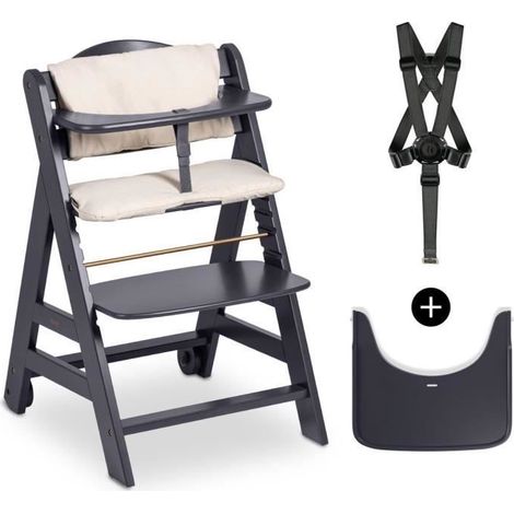 Chaise haute - HAUCK - BETA+ - Evolutive - De 6 mois a 90 kg - Bois FSC - Harnais 5 points - Roulettes - Gris (1/5)