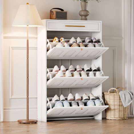 Meuble à chaussures - 6 étagères et 1 tiroir - MDF - Blanc (70x25x123.5cm) (1/5)