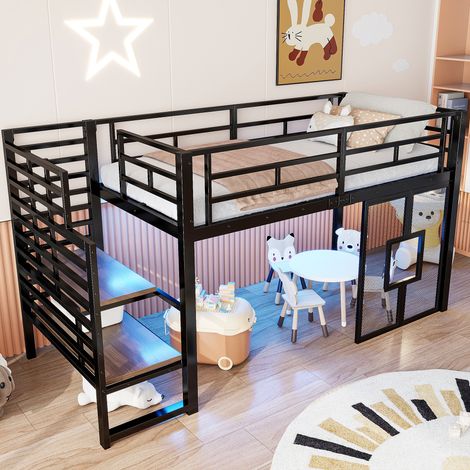 Modernluxe – Lit mezzanine métal 90x200cm – Escalier de rangement intégré – Éclairage LED – Design fenêtre – Noir – Capacité 250kg