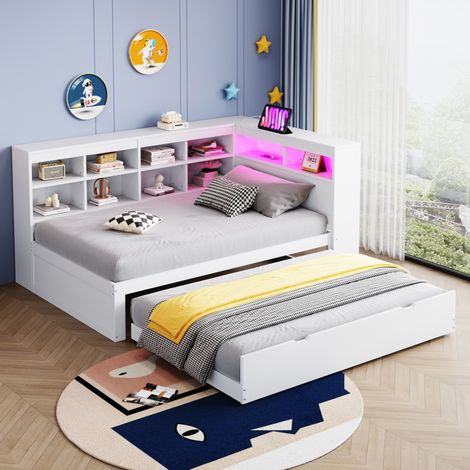 Canapé-lit en bois blanc 90x200 cm avec lit gigogne 90x190, LED, USB et rangements (1/5)