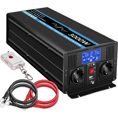 3000W Convertisseur 12V 220V Pur Sinus  Chargeur 30A et Fonction priorité Secteur et ASI，2 Prises EU，Commande sans Fil et Affichage LCD Puissance de crête 6000W (1/5)