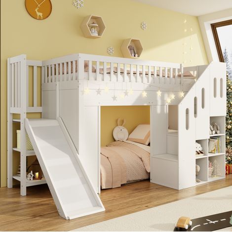 Letto a castello 90x200 cm bianco con scivolo, scala contenitore e LED, in legno di pino (1/5)
